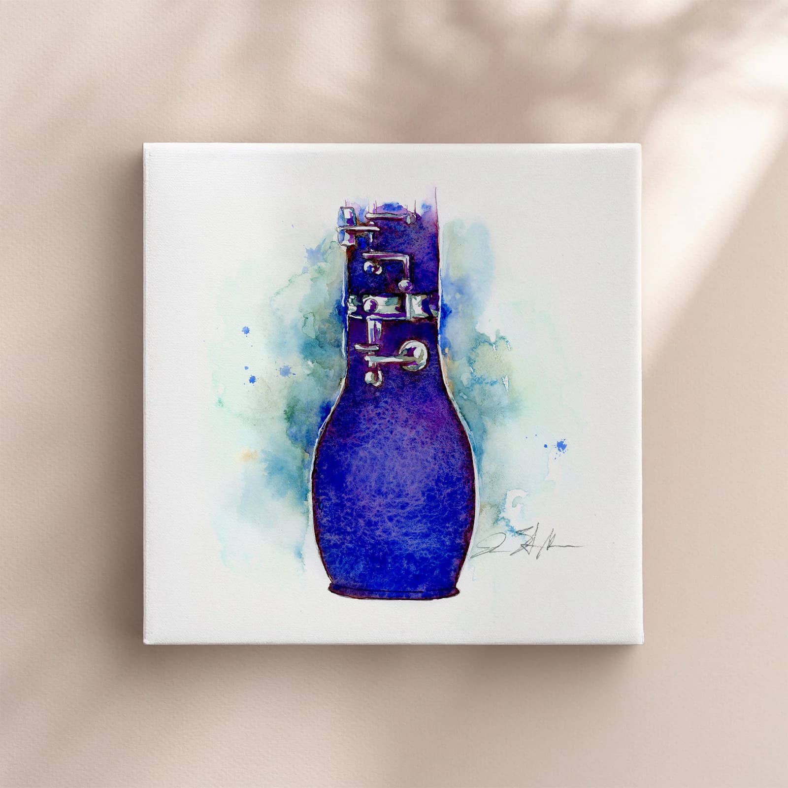 Jamie Hansen’s English Horn Bell in Indigo shown on a square canvas against a wall.